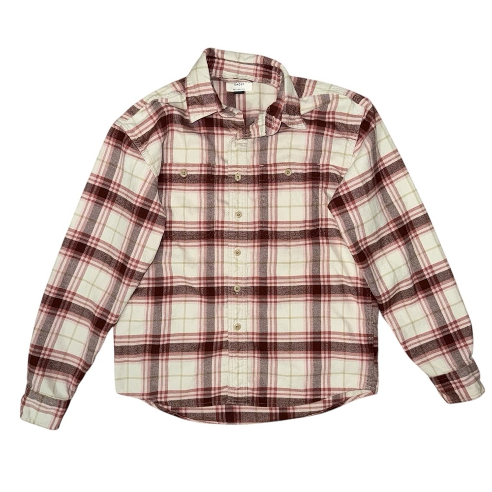 American Eagle Relaxed Boxy Fit Plaid Flannel Shirt Cream & Burgundy Button-Up